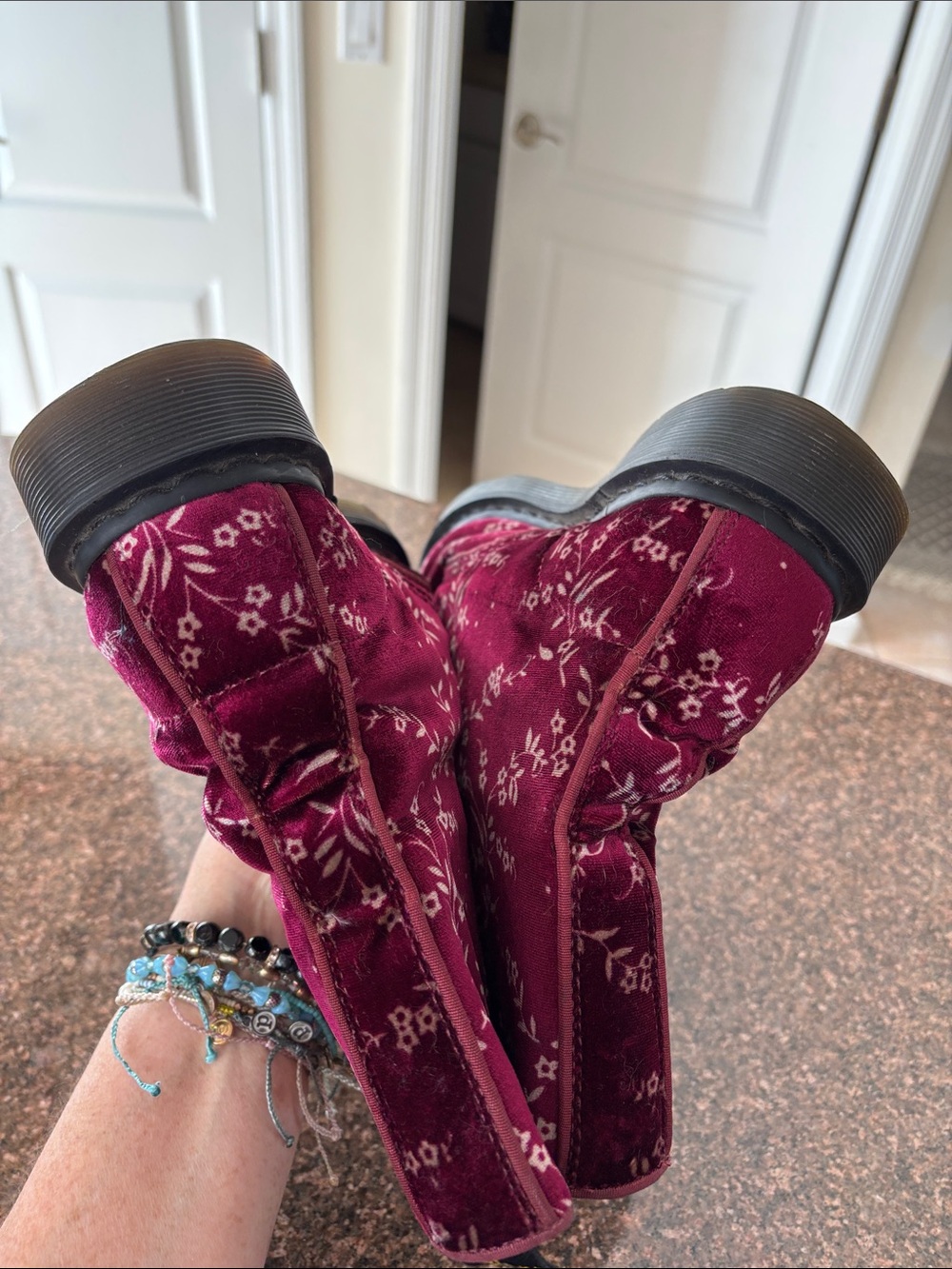 Dr. Martens Ladies Burgundy Velvet Avery Floral Lace-Up Combat Boots-10 - Picture 11 of 11